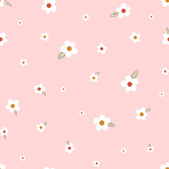 Fototapeta premium Seamless pattern with small cute flowers on a pink background.