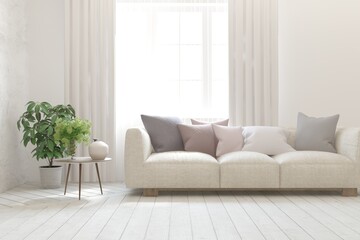 White living room with sofa. Scandinavian interior design. 3D illustration