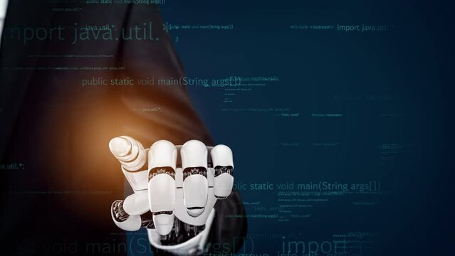 Futuristic robot artificial intelligence revolutionary AI technology development and machine learning concept. Global robotic bionic science research for future of human life. 3D rendering graphic.
