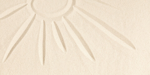 Summer beach writing vacation concept. Summer holiday background. Drawing in the sand. Flat lay, top view, copy space