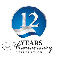Anniversary 12 years celebration logo silver white blue ribbon background