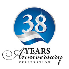 Fototapeta na wymiar Anniversary 38 years celebration logo silver white blue ribbon background