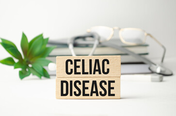 celiac disease word on wooden blocks and stethoscope