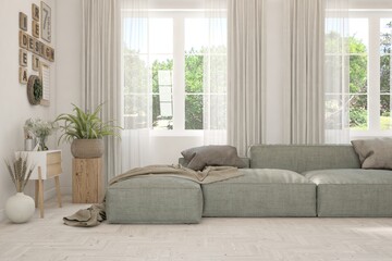 White living room with sofa and summer landscape in window. Scandinavian interior design. 3D illustration