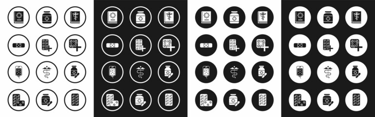 Set Medical book, Pills in blister pack, Bandage plaster, Medicine bottle, pills and IV bag icon. Vector