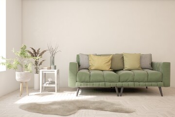 White living room with sofa. Scandinavian interior design. 3D illustration