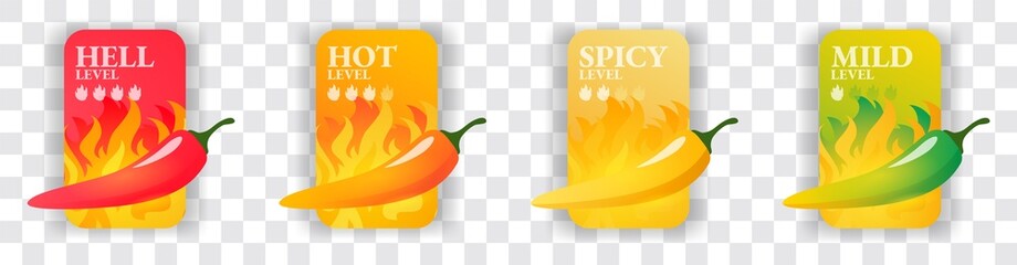 Spicy level Hot chili pepper icons set with flame and rating Mild, medium hot and extra hot level of pepper sauce or snack food Chile habanero and jalapeno level Vector spicy food illustration - obrazy, fototapety, plakaty