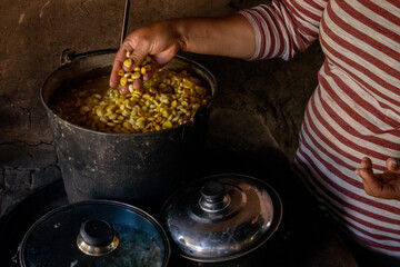preparacion de nixtamal de maiz, para la elaboracion de tortillas torteadas en cocinas tradicionales mexicanas, en san gregorio, mixtlan, jalisco