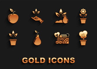 Set Pear, Flower in pot, Tree, Farm House concept, Flowers, Watering plant, Apple and Plant hand of environmental protection icon. Vector