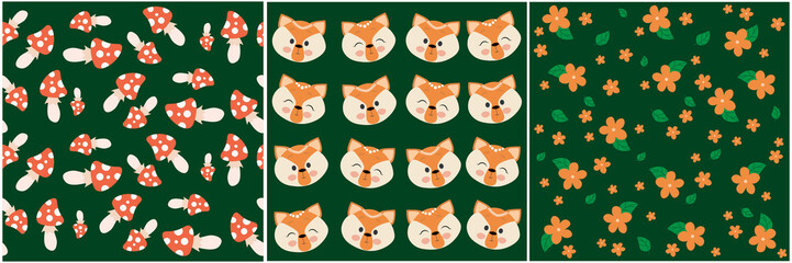 Cute seamless pattern with fox, flower and mashroom. Foxy endless background, texture. Children's backdrop. Vector illustration
