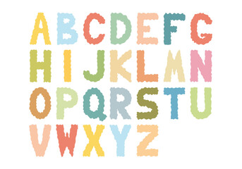 Multicolored English alphabet with wavy outlines of letters in doodle style.