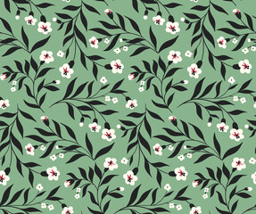 Seamless pattern, floral print with flowering branches, dark foliage in a liberty composition. Decorative botanical background with small flowers, leaves on branches. Vector illustration.