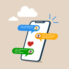 Smartphone sms speech bubbles push alerts on screen, digital or electronic chatting on cellphone. Online chat messages text notification on mobile phone. Vector illustration in flat style. - obrazy, fototapety, plakaty