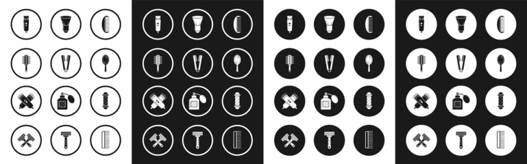 Set Hairbrush, Curling iron for hair, Electrical clipper shaver, Hand mirror, Shaving, Classic Barber shop pole and Crossed electrical icon. Vector