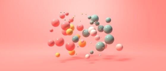 Scattered floating colored spheres on a vibrant background - 3D render