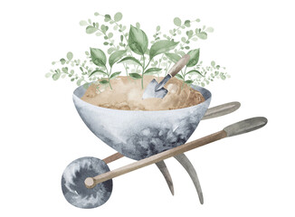 Garden clipart. Watercolor illustration of gardening hobby. Planting seedlings, plants. Gardening items