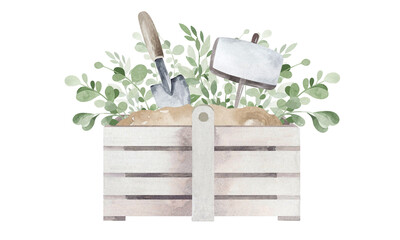 Garden clipart. Watercolor illustration of gardening hobby. Planting seedlings, plants. Gardening items