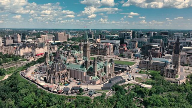 Aerial view of Ottawa Ontario Canada downtown core and parliament hill with peace tower
