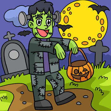 Zombie In Cemetery Halloween Colored Cartoon