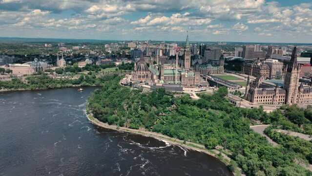 Aerial view of Ottawa Ontario Canada downtown core and parliament hill with peace tower