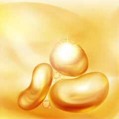 Illustration with beautiful realistic air bubbles with bright glare, floating in water or other liquid, in yellow color