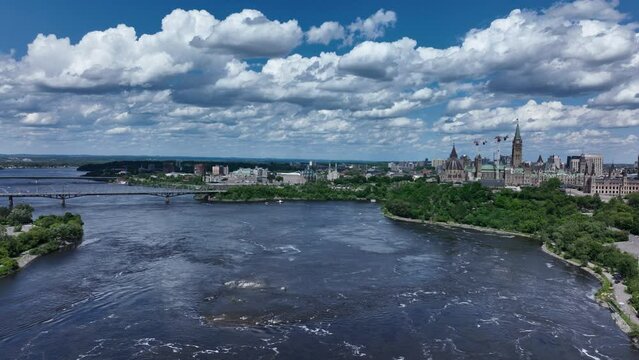 Aerial view of Ottawa Ontario Canada downtown core and parliament hill with peace tower