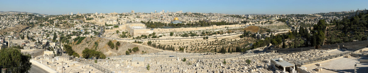 Panorama of old Jerusalem, Mount of Olives and Kidron Valley