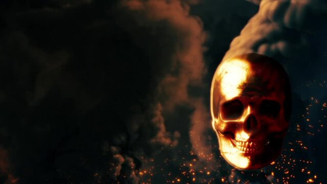 Burning human skull with fire flames and free place