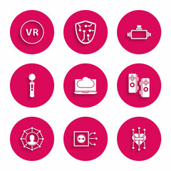 Set Cloud technology data transfer and storage, Remote control, Processor, Gamepad, Project team base, Virtual reality glasses and icon. Vector