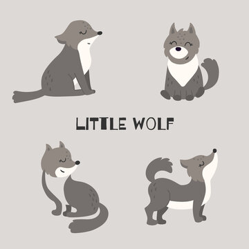 Cute little wolfs. Collection of hand drawn wolfs vector  illustration.
