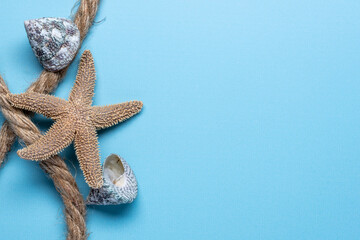 nautical theme blue background with jute rope, starfish and seashells