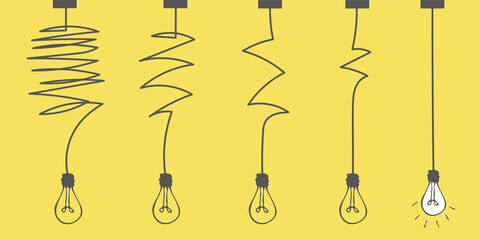 The way to solve a complex idea. The concept of confusion turning into a light bulb. Clarity of thought, brainstorming. Understand the meaning. Doodle vector illustration