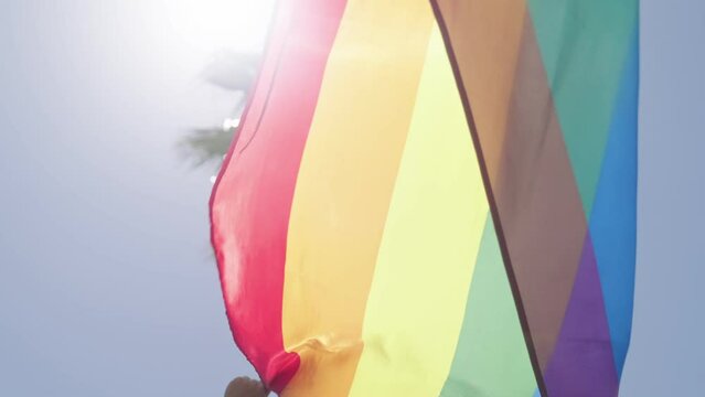 Slow motion of the rainbow flag waving with palm trees in the background during a pride parade