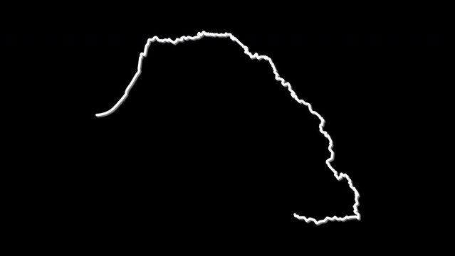 Senegal map, country territory outline self drawing animation. Line art. Black background.