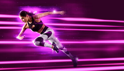 Sporty young woman running on purple neon background - 510473986