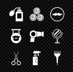Set Aftershave bottle with atomizer, Towel rolls, Mustache, Scissors hairdresser, Hairdresser pistol spray, Hairbrush, Barbershop and dryer icon. Vector