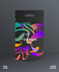 Packaging pattern with zip pouch bag mockup. Vector ornament template editable. Modern and elegant with black. Great for food, drinks and other package. Can be used for background and wallpaper.