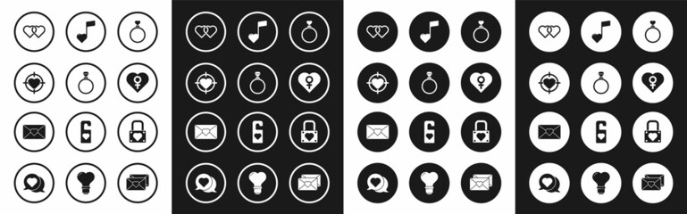 Set Wedding rings, Diamond engagement, Heart the center of darts target aim, Two Linked Hearts, with female gender, Music note, tone hearts, Lock and and Envelope Valentine icon. Vector