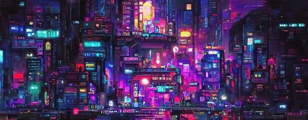 Cyberpunk neon city night. Futuristic city scene in a style of pixel art. 80's wallpaper. Retro future 3D illustration. Urban scene. - obrazy, fototapety, plakaty