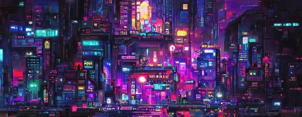 Schilderijen op glas Cyberpunk neon stadsnacht. Futuristische stadsscène in een stijl van pixelart. jaren 80 behang. Retro toekomstige 3D illustratie. Stedelijke scène. © Valeriy