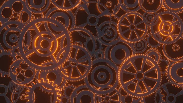Many glowing gears rotate as concept of any mechanism or team work. Technical 3d background 4k seamless loop. Concept of innovation and progress