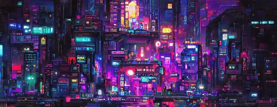 Cyberpunk city, abstract illustration, futuristic city, artwork at night,  4k wallpaper, night city landscape Stock Illustration