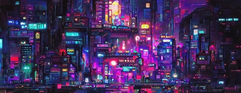 Cyberpunk neon city night. Futuristic city scene in a style of pixel art.  80's wallpaper. Retro future 3D illustration. Urban scene. Stock  Illustration