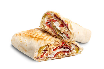 chicken shawarma, doner kebab burrito filling for, isolated on white background