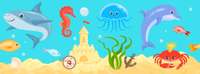 Fototapeta na wymiar Underwater sea life seamless banner. Undersea landscape with cute shark, dolphin, crab, fish, jellyfish, seahorse, and travel stuff. Vector cartoon illustration of ocean animals and fish.