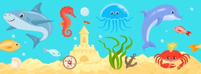 Wall murals Sea life Underwater sea life seamless banner. Undersea landscape with cute shark, dolphin, crab, fish, jellyfish, seahorse, and travel stuff. Vector cartoon illustration of ocean animals and fish.