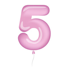Vector pink alphabet five air balloon isolated on white background. Decorative element. 3d illustration. 