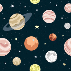Vector seamless pattern. Planets in Solar System and stars isolated on dark background. 
