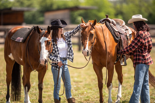 Cowgirl fixes a saddle on a paint horse while her friend helps her to hold her horse