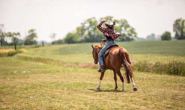 Woman in jeans shirt holds her cowgirl hat as she gallops on a meadow on her paint horse